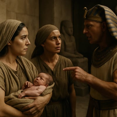 Shiphrah and Puah stand before Pharaoh, refusing to obey his command to kill Hebrew male infants.