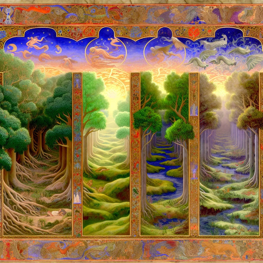In the first panel, soft golden light bathes the serene landscape, highlighting lush greenery and intricate shadows that suggest divine presence.  The second panel illustrates the formation of Adam, with rich earth tones and delicate embellishments emphasizing his connection to the fertile ground.  In the final panel, vibrant colors depict Eve's emergence, surrounded by blooming flora and radiant light, symbolizing the harmony of creation.