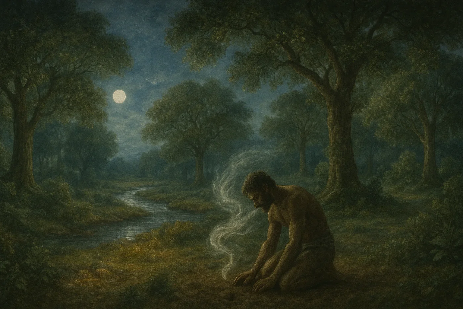 Soft, silver moonlight bathes the lush Garden of Eden, illuminating a vibrant tapestry of diverse trees and plants.  The gentle shadows enhance the textures of the foliage, creating a serene atmosphere of divine creation.  Wisps of mist rise from the fertile ground, subtly embracing the kneeling figure of man, symbolizing the breath of life.