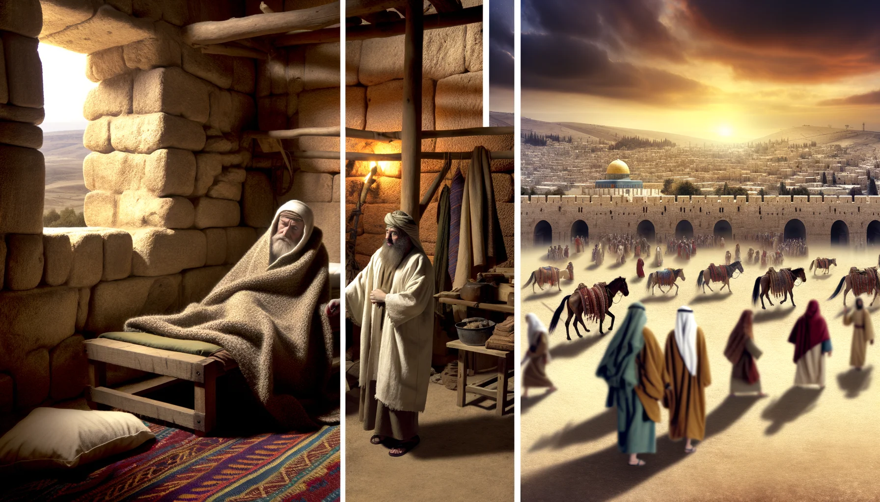 Soft, warm light filters through a small window, casting gentle shadows that highlight the rustic stone walls of King David's palace.  The muted earth tones of the furnishings contrast with the vibrant linen worn by Abishag, drawing attention to her nurturing presence.  In the background, a sense of stillness pervades the scene, encapsulating the gravity of the moment as the aging king rests.