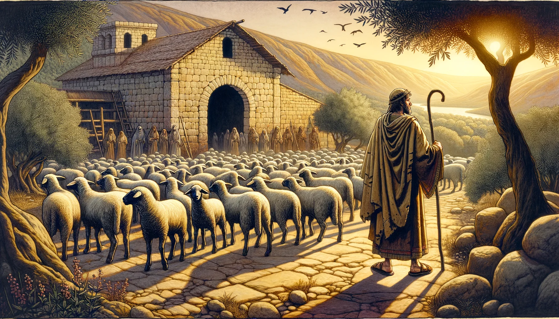 Soft, golden light bathes the shepherd, highlighting his humble robe and illuminating the textured stone of the sheepfold.  Olive trees frame the scene, their muted greens contrasting with the warm earth tones of the landscape.  In the background, faint silhouettes of sheep evoke a sense of tranquility, symbolizing the protective embrace of the shepherd’s care.