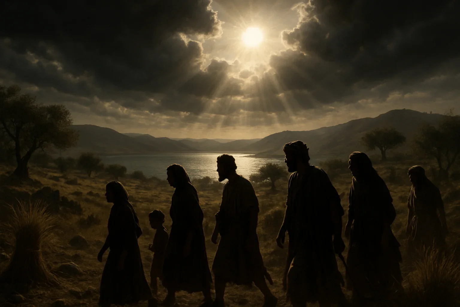Silhouetted figures traverse a rugged path, their forms stark against the harsh midday sun casting deep shadows.  In the background, the Sea of Galilee glimmers, reflecting the intense light of the blazing sun.  Rolling hills and scattered olive trees create a serene yet dramatic landscape, embodying the hope and promise of Isaiah's vision.