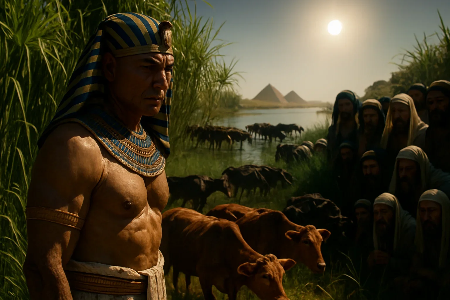 Intense sunlight casts sharp shadows, highlighting Pharaoh's intricate headdress and regal attire against the lush green of papyrus.  The composition draws the eye to the seven robust kine, their forms contrasting with the vivid vegetation.  This moment captures the tension between prosperity and impending change, embodying the weight of Pharaoh's impending decisions.