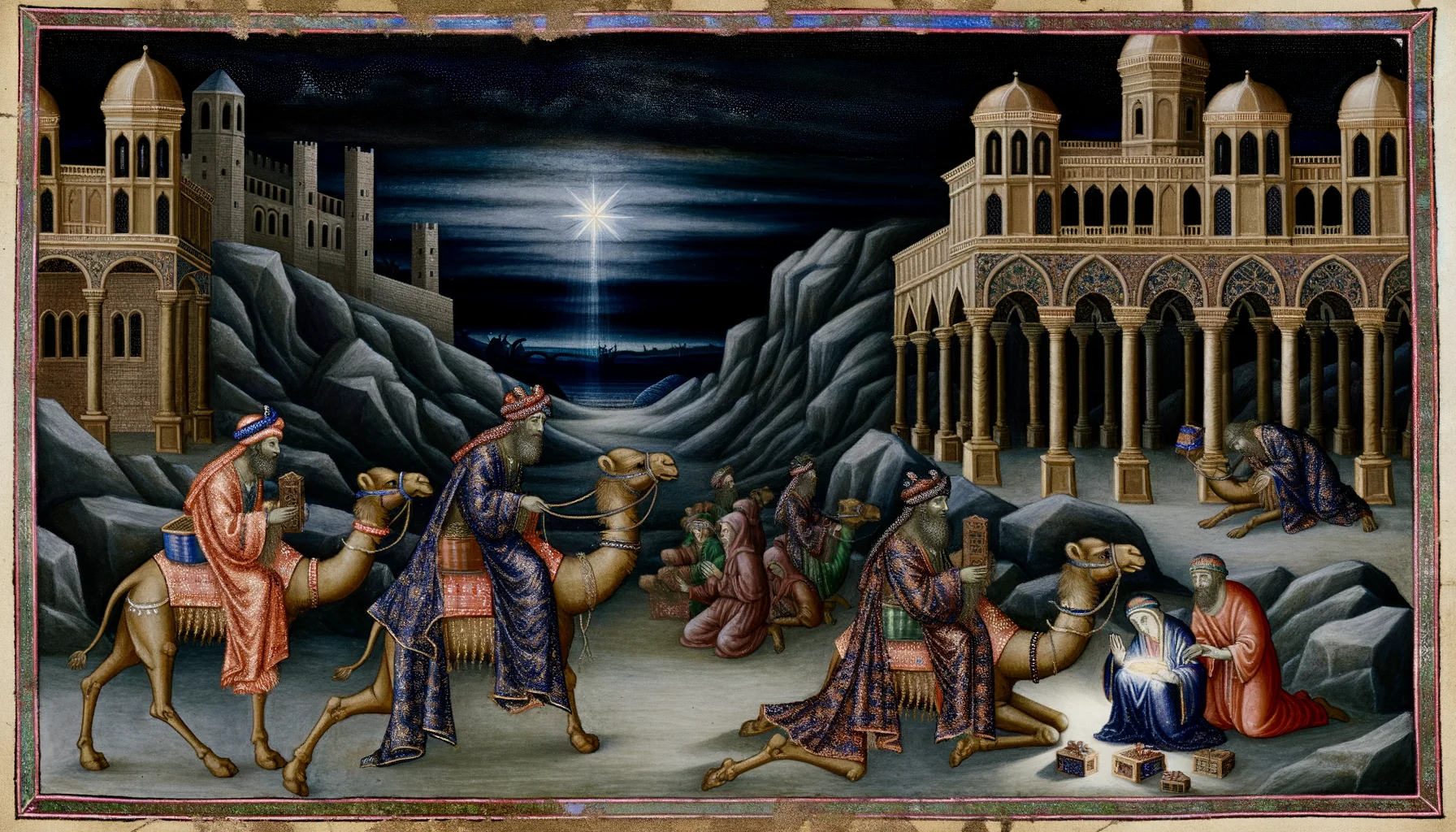 The wise men traverse a rugged desert, their opulent robes shimmering under a starry sky, with a radiant star guiding their journey.  In the middle panel, Herod's palace looms majestically, adorned with intricate mosaics and towering columns, symbolizing earthly power.  The vibrant colors and detailed patterns evoke a sense of divine purpose amid the contrasting opulence and foreboding atmosphere.