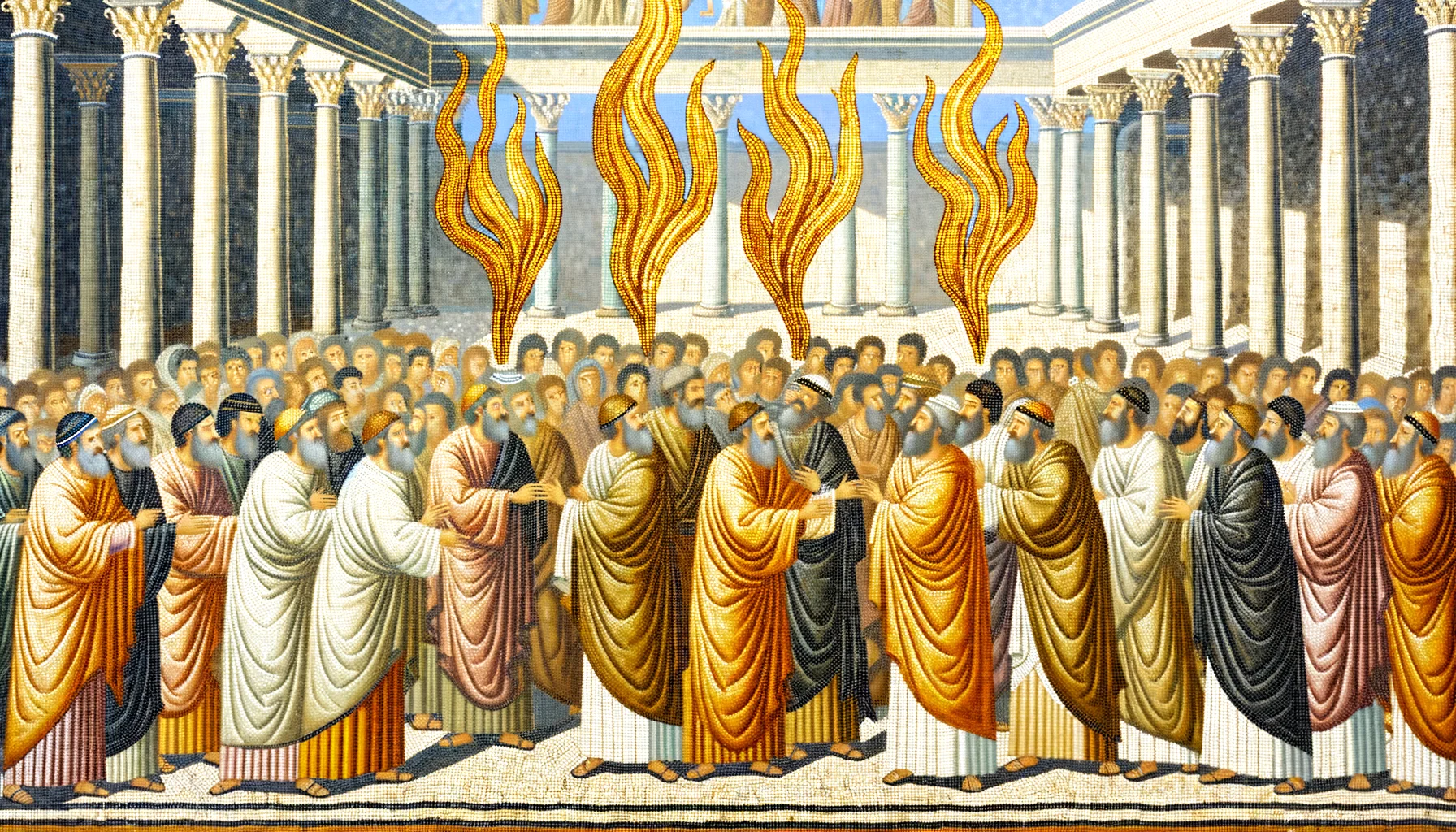 Vibrant hues of gold and red cascade over the scene, symbolizing the divine presence of the Holy Spirit.  The disciples are framed by intricate architectural details, enhancing their elevated position amidst a lively Jerusalem backdrop.  Mosaic tiles capture the dynamic energy of the festival, with light reflecting off their surfaces, creating a sense of spiritual awakening.