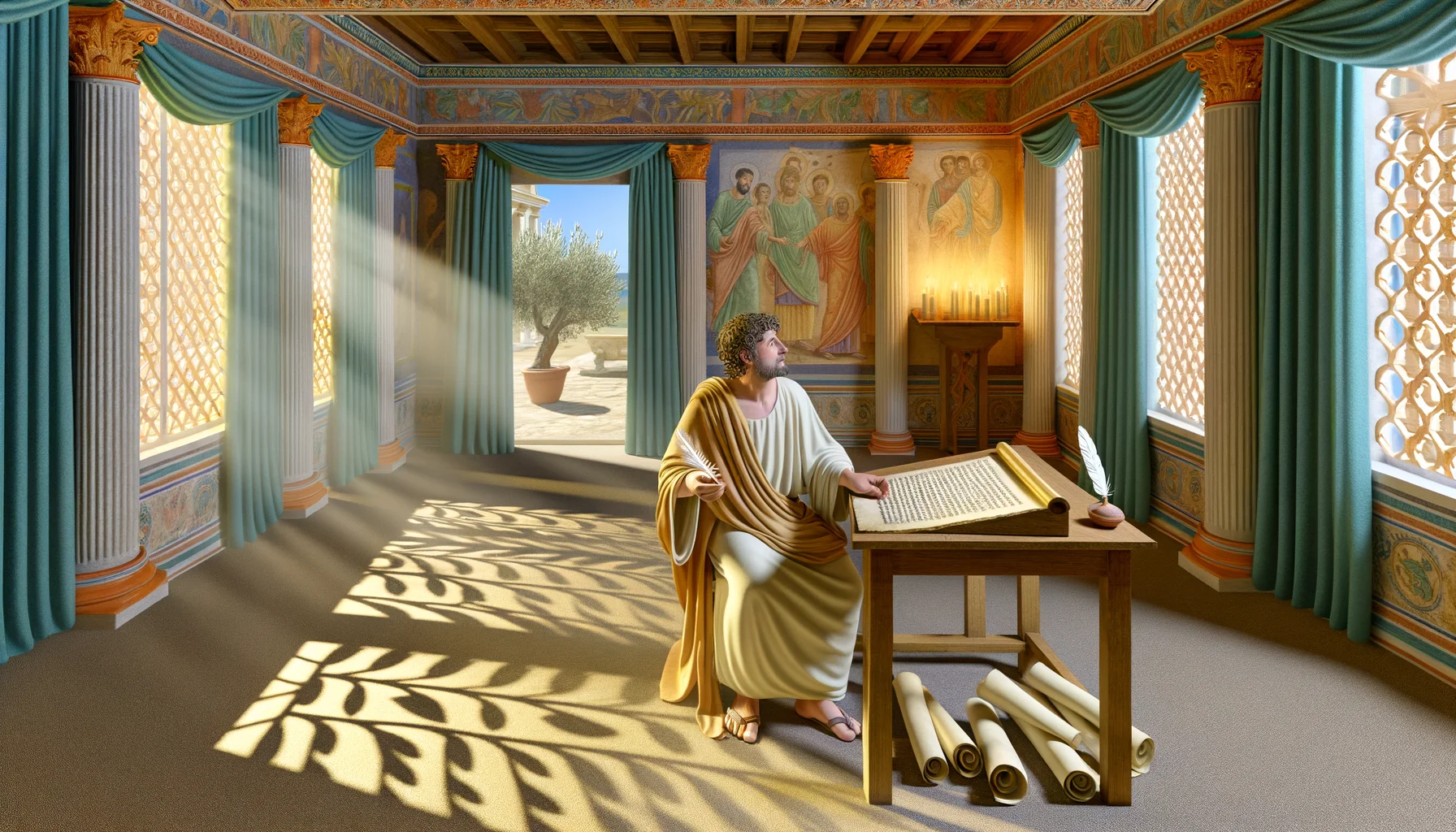 Soft, golden afternoon light filters through intricate lattice windows, casting delicate patterns on frescoed walls.  Paul, clad in a simple tunic and cloak, sits at a wooden table, deeply focused on his writing.  Surrounding him, scrolls and a quill emphasize the intimate act of crafting the Epistle to the Romans amidst a serene Roman villa.