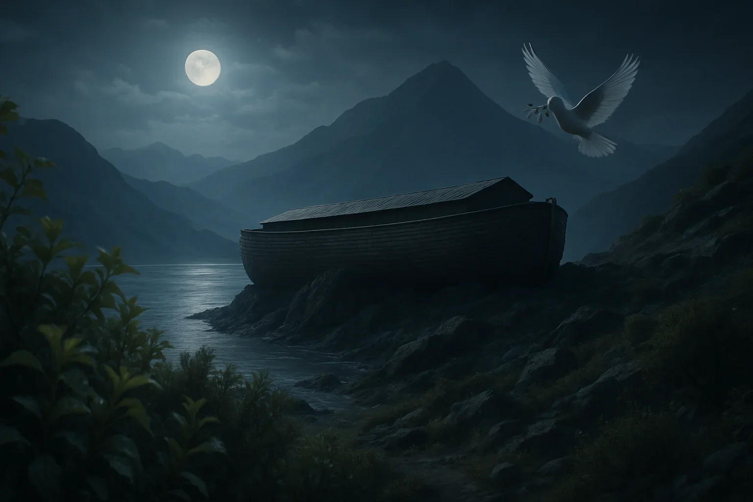 The Ark, nestled among rugged Ararat mountains, symbolizes survival amid the lush greenery representing rebirth and renewal.  Soft moonlight bathes the landscape in silver hues, enhancing the tranquility of the receding waters.  Misty silhouettes of distant peaks evoke a sense of hope and divine promise in this serene post-flood moment.