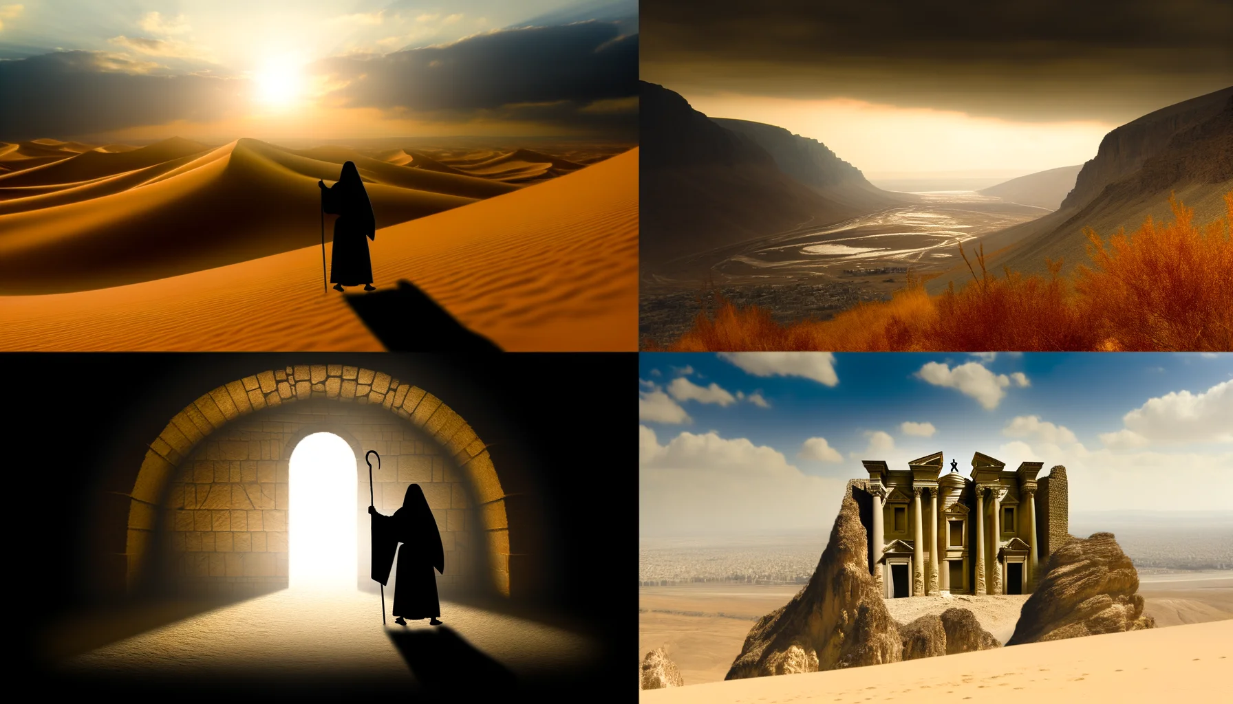 The dawn's soft, golden hues bathe the vast Judean desert, creating a serene yet desolate atmosphere.  Jesus, a solitary figure in a simple robe, stands atop a sand dune, gazing into the barren expanse of spiritual testing.  Chiaroscuro lighting accentuates the tension between light and shadow, embodying the struggle against temptation.