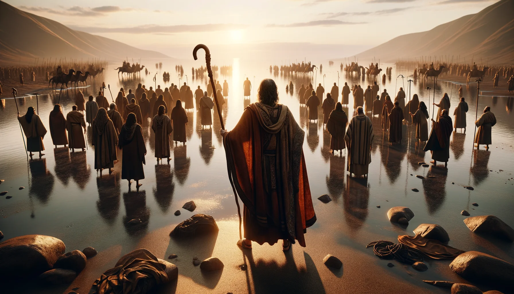 Soft morning light bathes the gathered Israelites, illuminating their earth-toned garments and creating a warm, inviting atmosphere.  Moses stands at the forefront, his back to the viewer, embodying leadership as he raises his arms in praise.  The composition captures the communal spirit, with faces reflecting awe and gratitude against a backdrop of tranquil waters and rising sun.