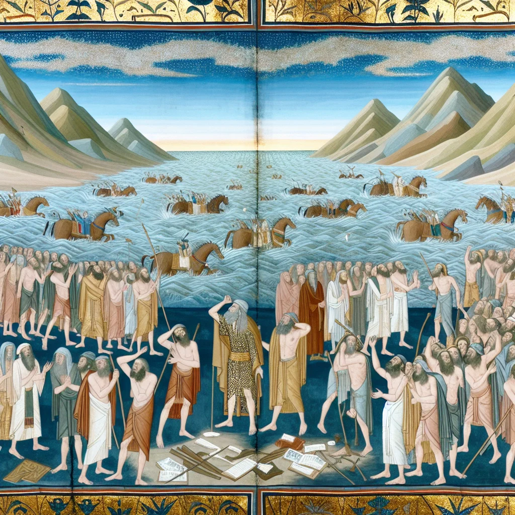 The radiant gold leaf illuminates the jubilant faces of the Israelites, reflecting their awe and gratitude for divine deliverance.  In the central panel, Moses stands confidently, his posture commanding as he gazes toward the parted waters, symbolizing faith and leadership.  Surrounding elements of the tumultuous sea and rocky shore create a dynamic contrast, emphasizing the miraculous nature of their escape.