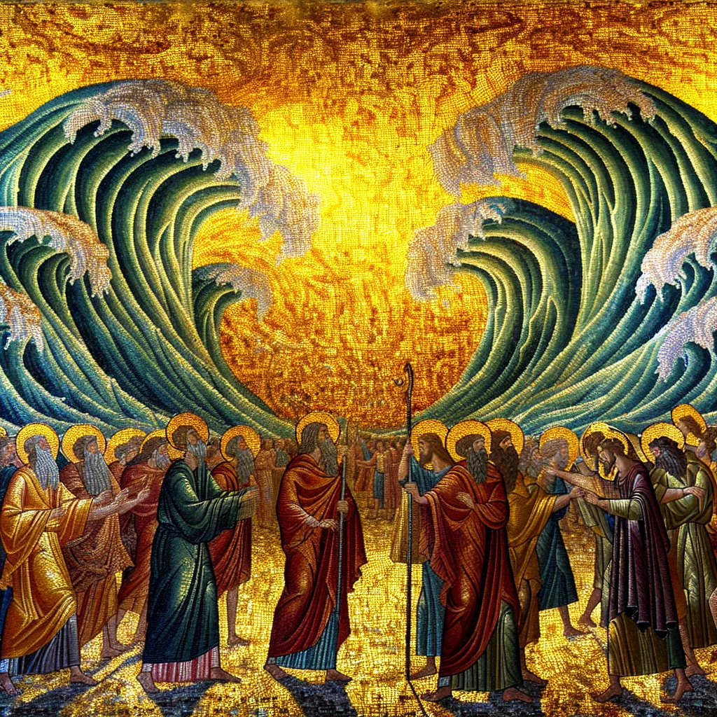 Vibrant mosaics shimmer with rich blues and golds, depicting the Israelites in jubilant celebration on the shore.  Towering walls of water, intricately patterned, rise majestically behind them, reflecting divine intervention.  The composition's dynamic movement and radiant colors encapsulate the triumph of faith and freedom.