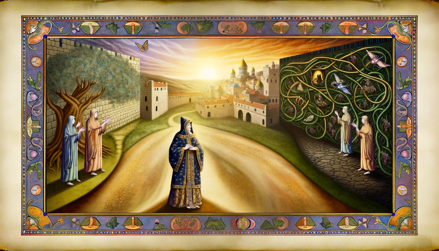 The wise elder stands in a Jerusalem courtyard, bathed in warm golden light that symbolizes wisdom and guidance.  Intricate embroidery on his robes reflects the richness of ancient Israel, drawing attention to his authority.  Surrounding panels depict eager children, their curious expressions framed by the soft glow of morning, embodying the pursuit of knowledge.
