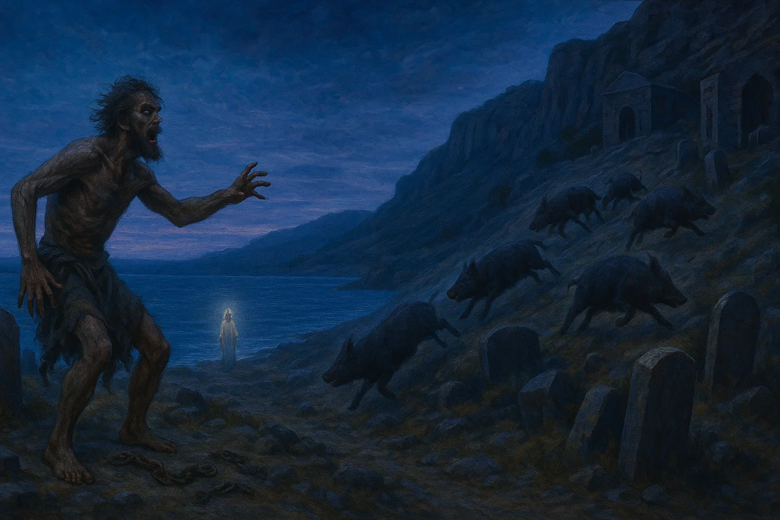 Twilight hues of deep blue and purple envelop the scene, creating an atmosphere of tension and anticipation.  The calm sea mirrors the emotional turmoil of the disheveled man, whose anguished expression contrasts sharply with the tranquil horizon.  Jagged cliffs loom in the background, framing the moment as a dramatic intersection of despair and divine intervention.