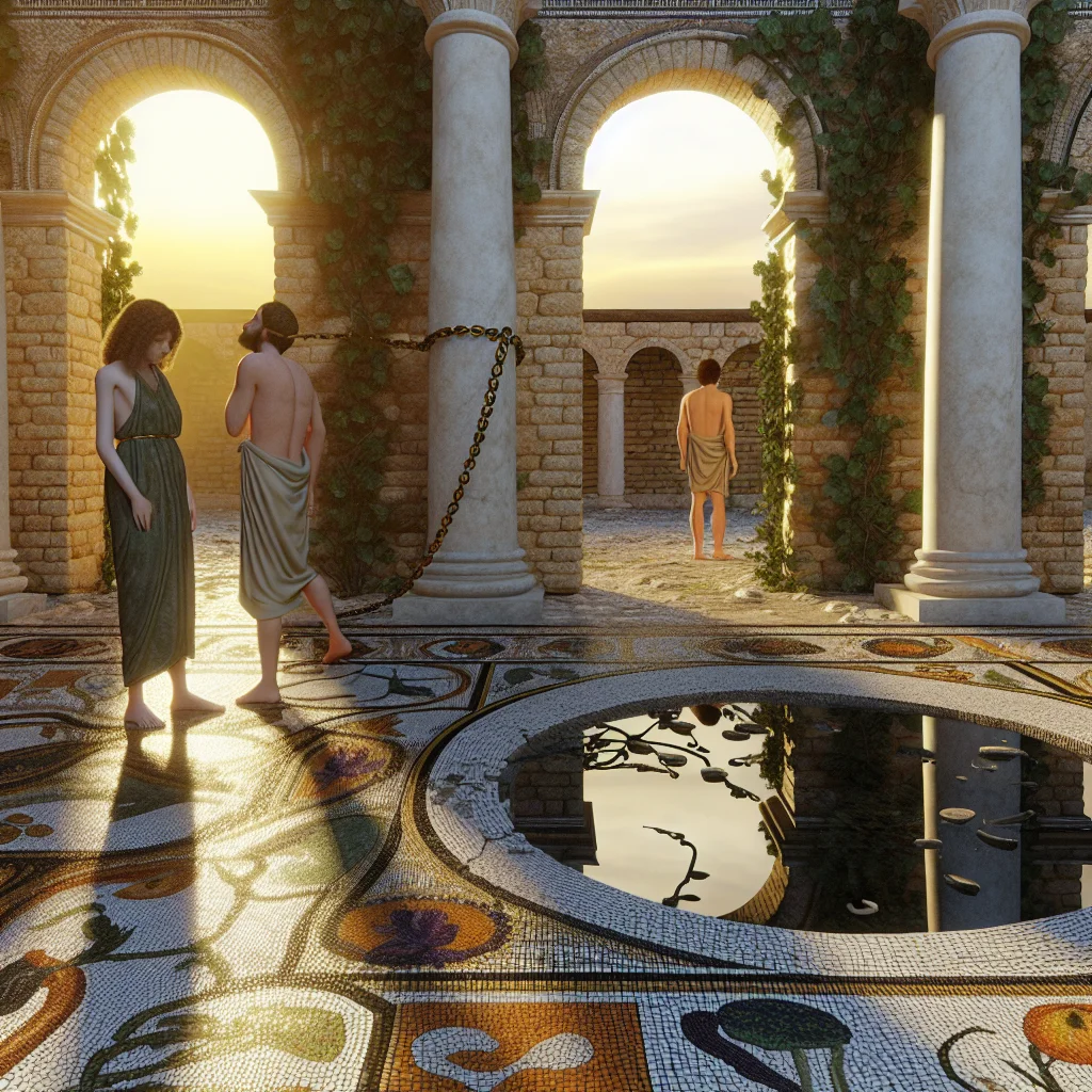 Vibrant tesserae shimmer in the sunlight, depicting a widow beside a broken chain, symbolizing liberation from the law.  Rich blues and golds dominate the mosaic, enhancing the spiritual struggle between sin and grace.  Corinthian columns frame the scene, grounding the divine narrative within the earthly realm of 1st-century Rome.