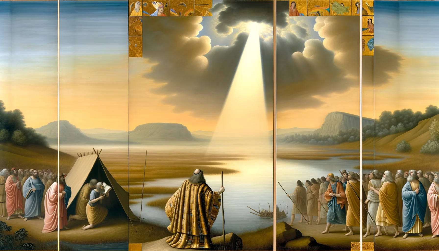 Soft golden light bathes the Jordan River, casting a serene glow over the morning mist and symbolizing new beginnings.  Joshua stands prominently in the foreground, his figure framed against the expansive landscape, embodying strength and divine purpose.  Intricate details in his attire, highlighted by the dawn's light, emphasize his role as a leader chosen for a sacred journey.