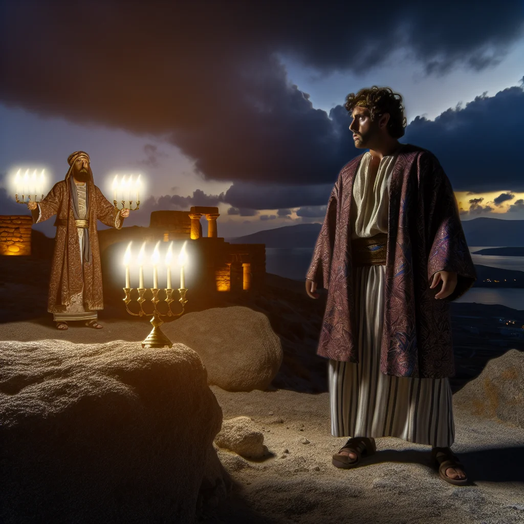 A twilight sky glows with golden hues, casting ethereal light over the rugged terrain of Patmos.  John stands resolute on a rocky outcrop, his weathered garments fluttering in the wind, embodying the weight of divine revelation.  The composition captures both isolation and enlightenment, as the landscape echoes the spiritual intensity of his vision.