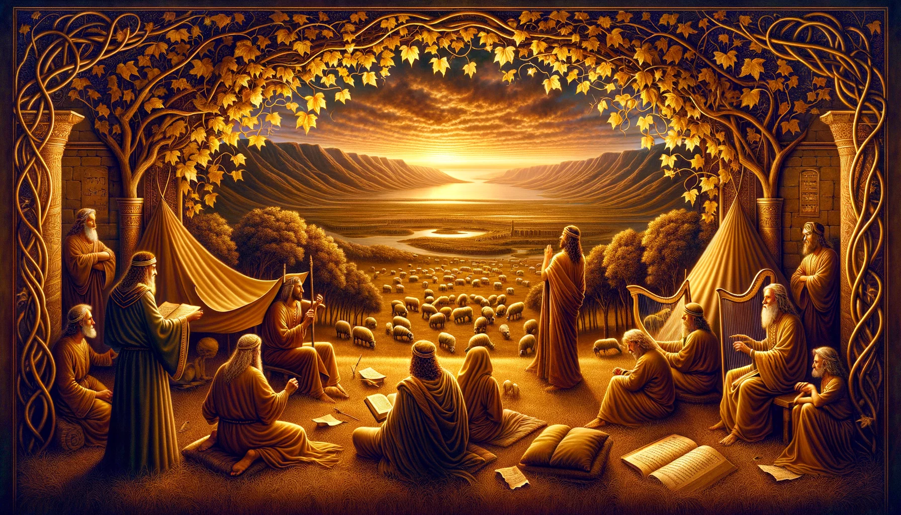 the second panel, where Isaac stands beside an altar, bathed in soft, warm light that highlights his contemplative expression.  The final panel depicts Jacob, surrounded by luminous stars and a vibrant night sky, symbolizing divine promise and guidance.  Each scene is framed with delicate vine motifs, unifying the narrative through color and intricate detail.