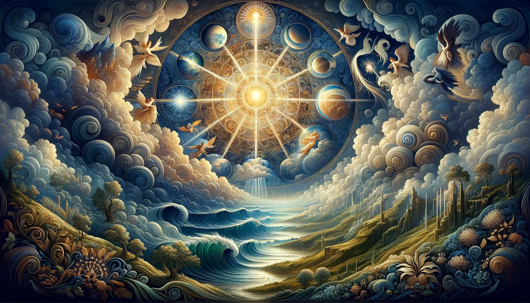 Swirling patterns of deep blues evoke primordial chaos, illustrating the earth's formless void with intricate borders framing this chaotic scene.  A radiant burst of golden light pierces the darkness, symbolizing divine intervention and the separation of light from darkness.  Rich, vibrant colors enhance the spiritual essence, inviting viewers to witness the transformative power of creation.