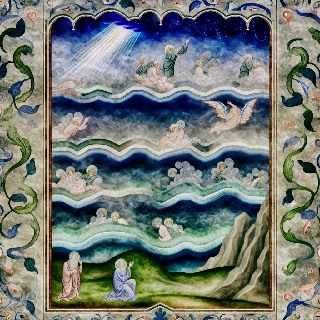 The Spirit glides gracefully over tranquil waters, creating shimmering ripples that reflect a warm, golden twilight.  Intricate borders frame each panel, adorned with delicate flora and celestial motifs, evoking a sense of divine order.  As darkness deepens, the composition captures the serene beauty of creation's dawn, illuminating the promise of life.