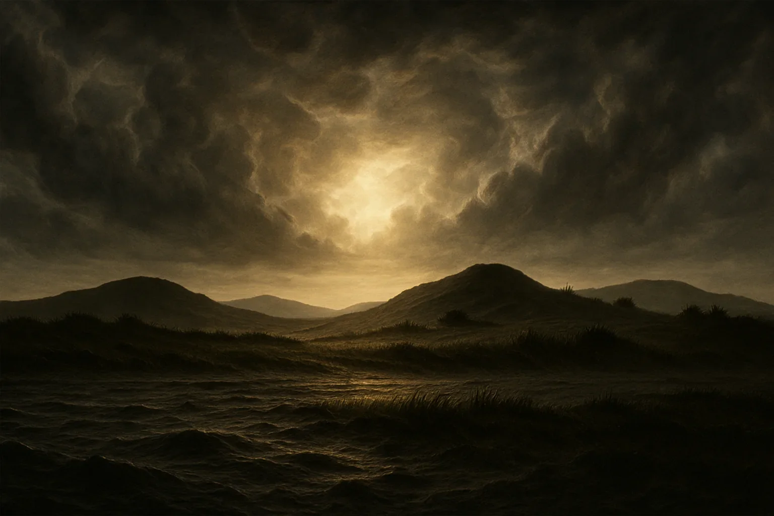 A dramatic sky swirls with deep blues and purples, hinting at the chaos of primordial waters.  Soft, diffused light pierces the darkness, symbolizing the divine act of creation emerging.  In the foreground, gentle ripples reflect the movement of the Spirit, embodying the transition from chaos to order.