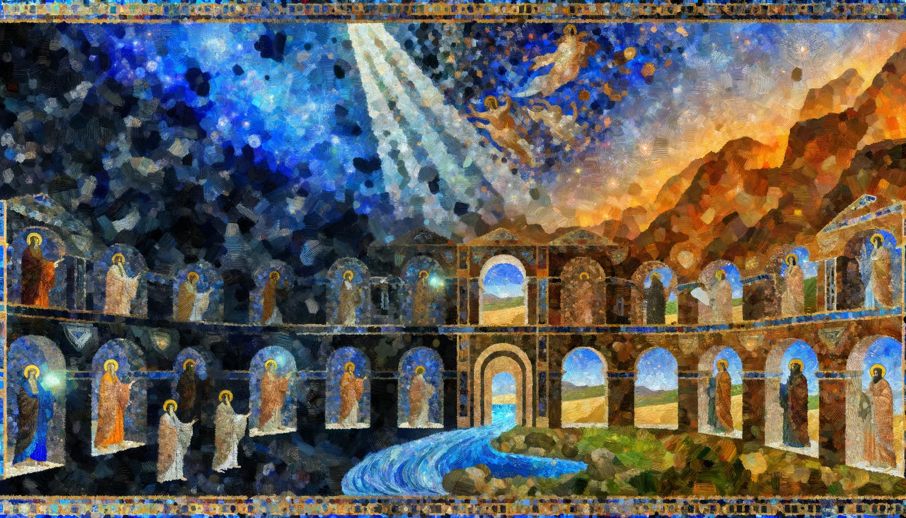 Flickering gold tesserae shimmer against a backdrop of deep blues, representing the chaotic waters before creation.  Distinct panels emerge, each framed by intricate borders, depicting the emergence of light, land, and life in vibrant hues.  The overall composition harmonizes divine order with historical authenticity, inviting contemplation of the sacred narrative.