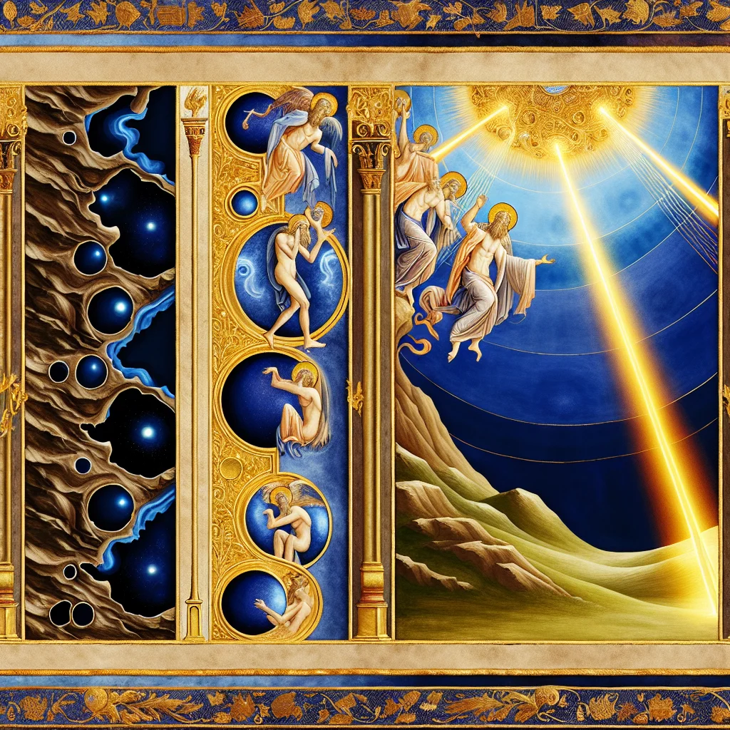 A chaotic swirl of shadowy forms occupies the left panel, symbolizing the primordial void before creation.  As divine light breaks through, vibrant colors emerge, delineating the separation of light and darkness in a celestial panorama.  Intricate gold-leaf borders encase this transformative narrative, enhancing the spiritual significance of each moment in Genesis 1.
