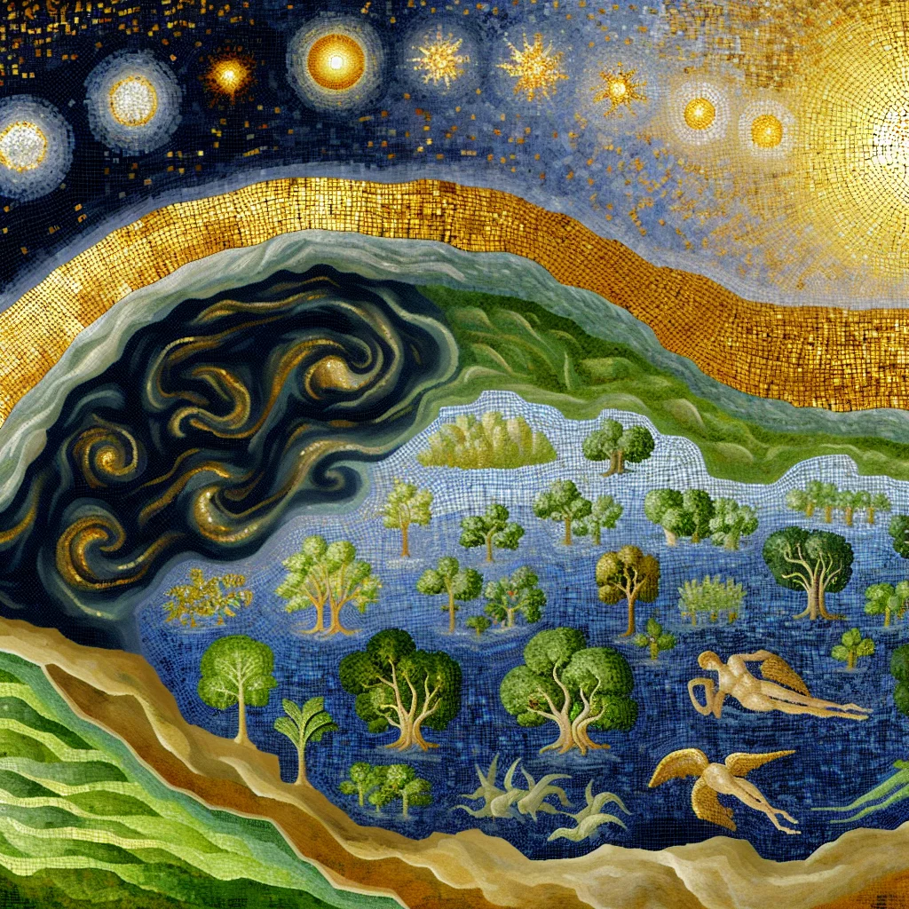 The leftmost panel reveals a swirling void, dark and chaotic, suggesting the primordial state of creation.  Shimmering gold tesserae illuminate the transition as divine light triumphantly separates from darkness, casting brilliance over tumultuous waters.  Interconnected scenes unfold in vibrant colors, illustrating the meticulous order emerging from chaos, embodying the essence of divine creation.