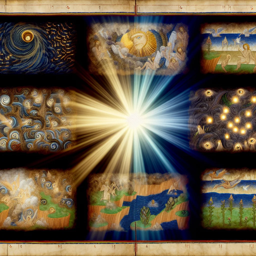 swathes of deep indigo and shimmering gold, symbolizing divine potential.  Each subsequent panel transitions to vibrant hues of green and blue, showcasing the emergence of land, flora, and fauna.  Celestial figures radiate light, framing the narrative and emphasizing the harmony achieved through divine creation.