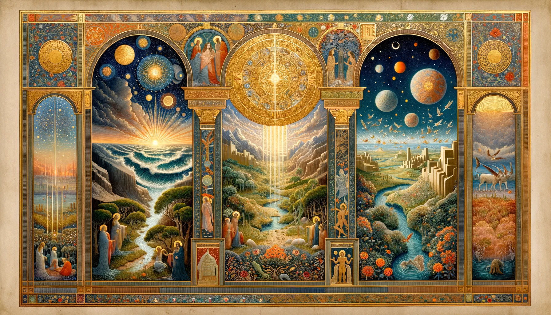 Brilliant gold leaf radiates from the center, symbolizing divine light breaking through the enveloping darkness.  The flat, stylized firmament arches gracefully above, creating a sense of celestial order amidst chaos.  Below, ziggurat-inspired shapes rise from the primordial waters, grounding the divine act of separation within a rich cultural context.