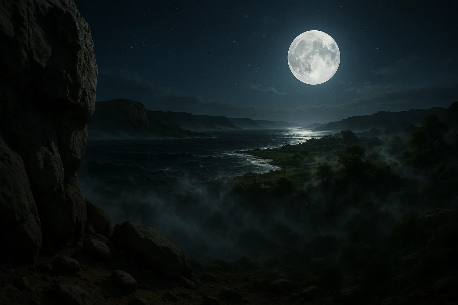 A vast celestial sky glows softly with silver-toned moonlight, casting ethereal reflections on dark, chaotic waters below.  Ancient rock formations frame the scene, guiding the viewer's gaze into the depths of creation's primordial chaos.  Wispy mists swirl gracefully across the foreground, hinting at the transformative power of divine light amidst the darkness.